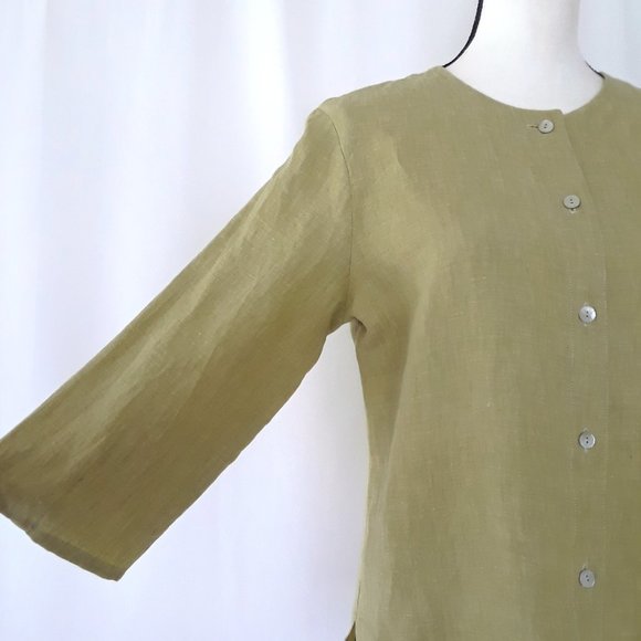 Vintage 1990s Avocado Green Linen 3/4 Sleeve Blouse - Picture 8 of 12